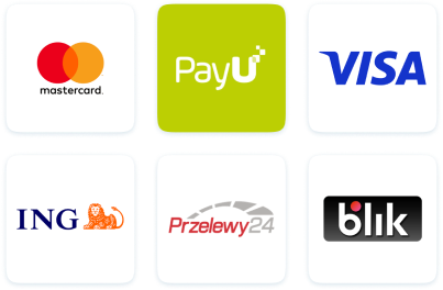 Sześć metod płatności w Alma Med – logo Mastercard, PayU, Visa, ING, Przelewy24, Blik.